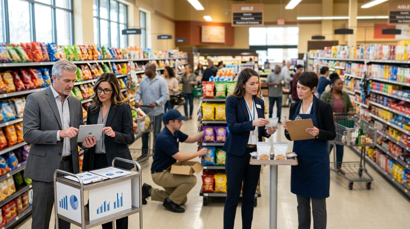 Food broker and a marketing consultant review a tablet in a supermarket aisle during a product review