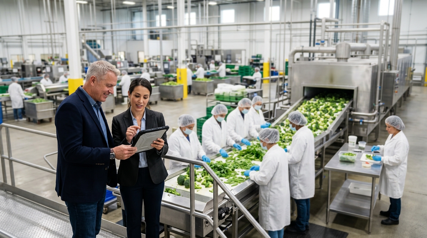 Food processing plant owner and a marketing consultant review a tablet beside a produce sorting line