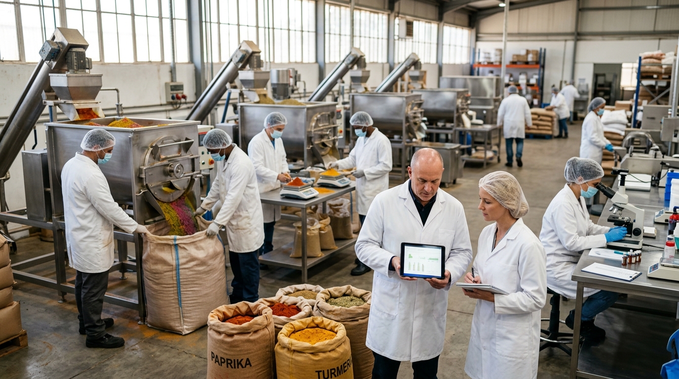 Seasoning plant owner and a marketing consultant review a tablet beside spice blending equipment