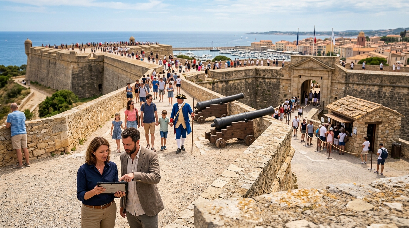 Fortress site manager and a marketing consultant review a tablet on the ramparts as visitors tour the walls