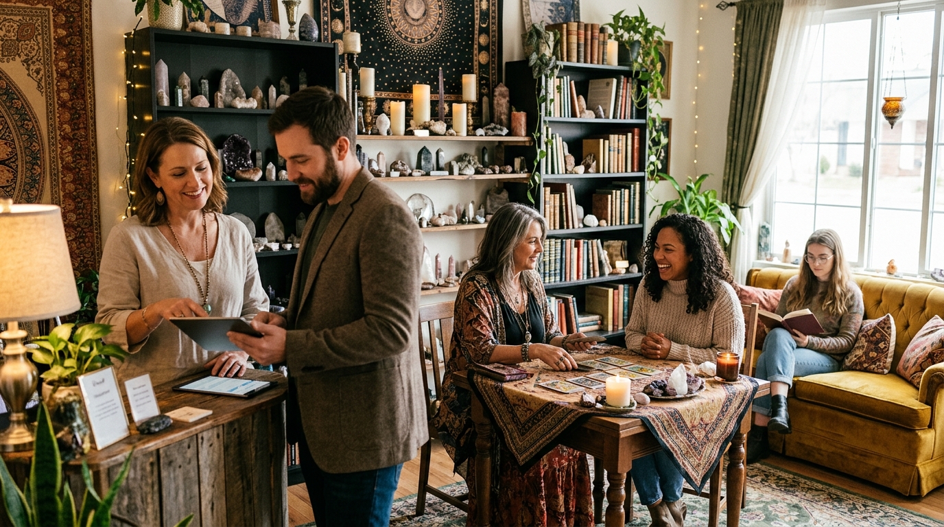 Tarot studio owner and a marketing consultant review a tablet in a warmly lit reading room