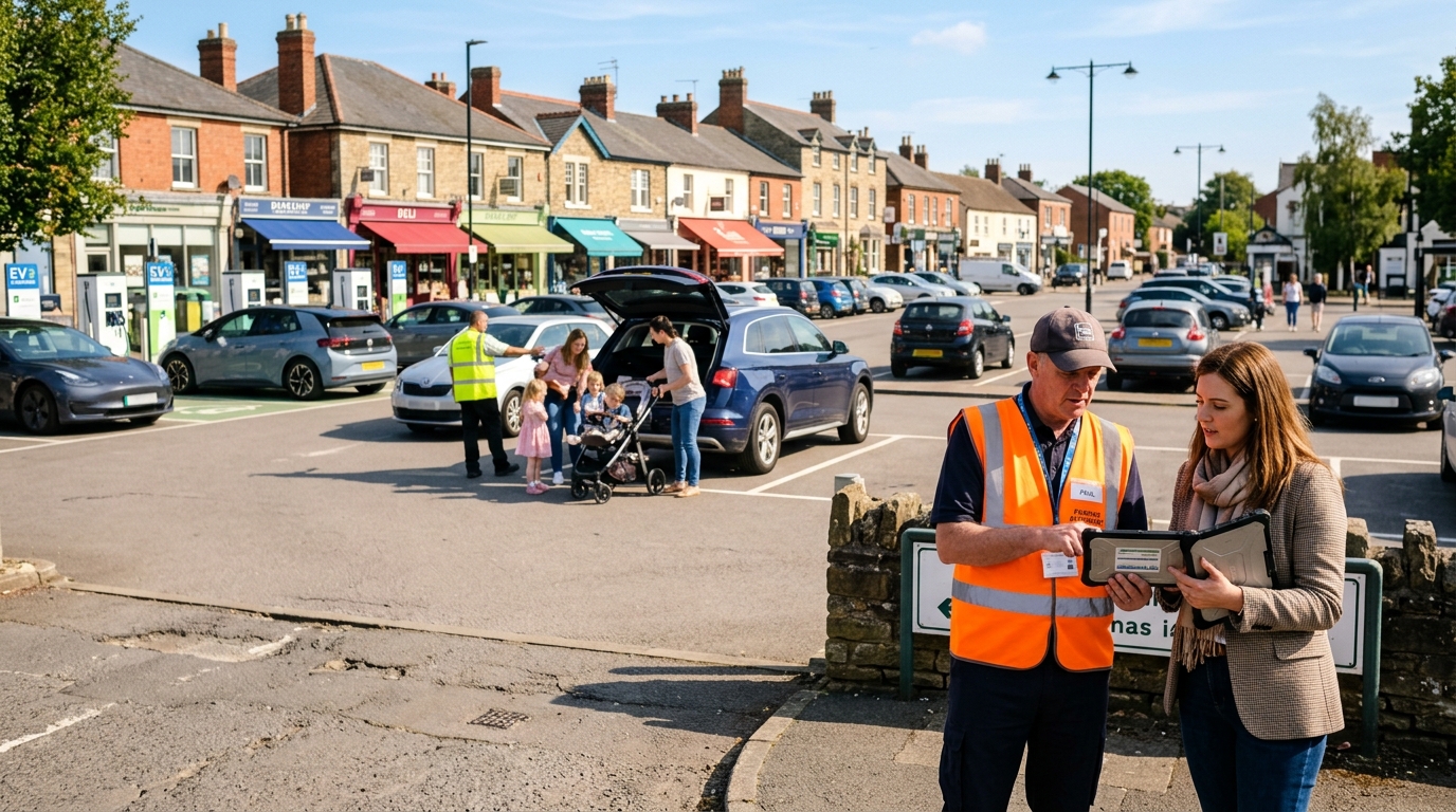 Parking operator and a marketing consultant review a tablet beside a busy free town car park