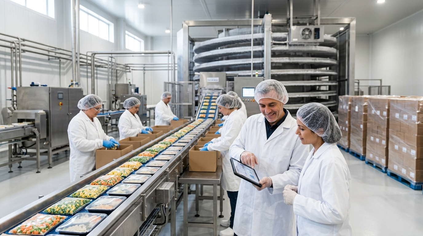 Frozen food plant owner and a marketing consultant review a tablet beside a busy packing line