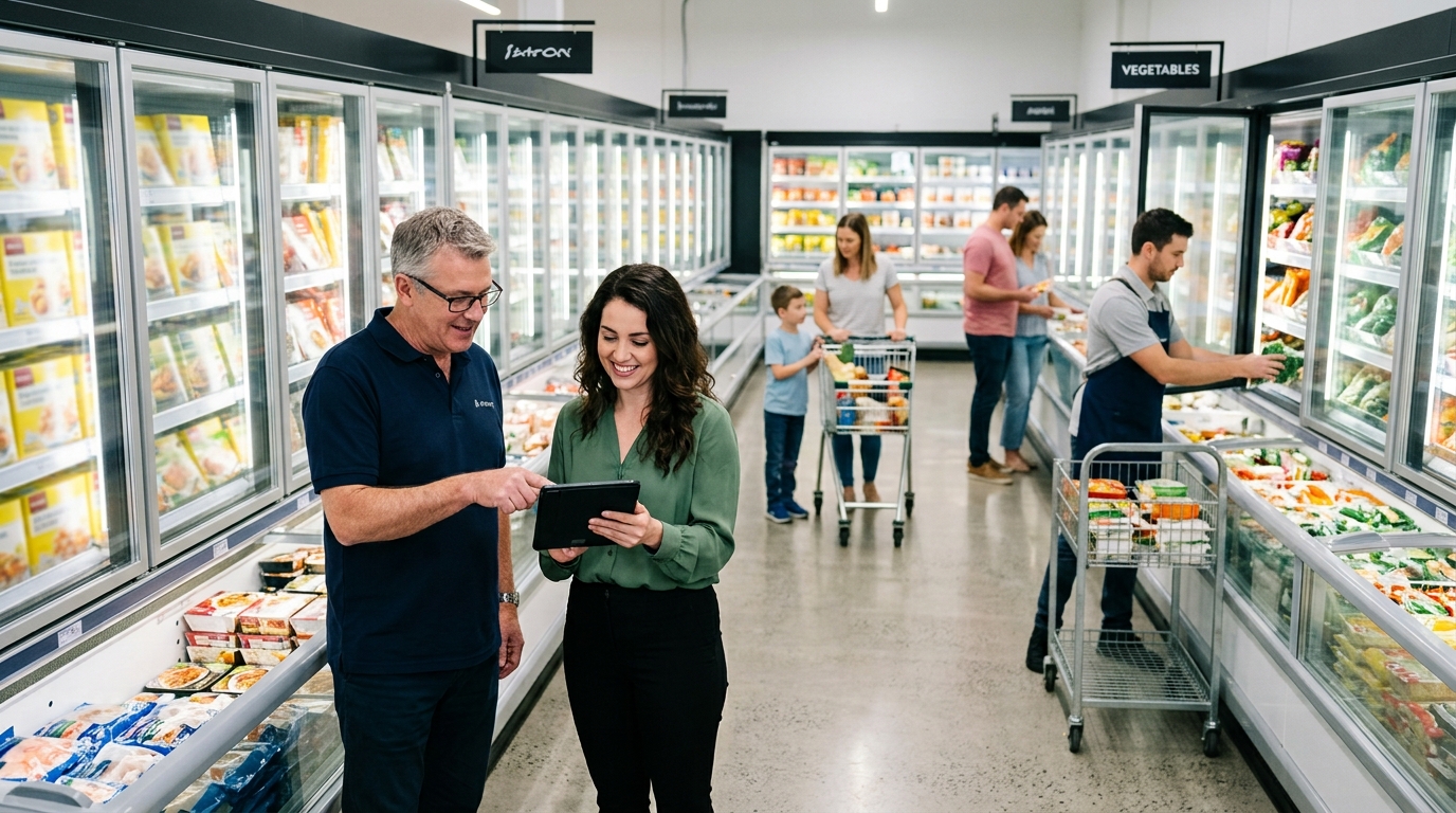 Frozen food store owner and a marketing consultant review a tablet beside rows of glass-door freezers