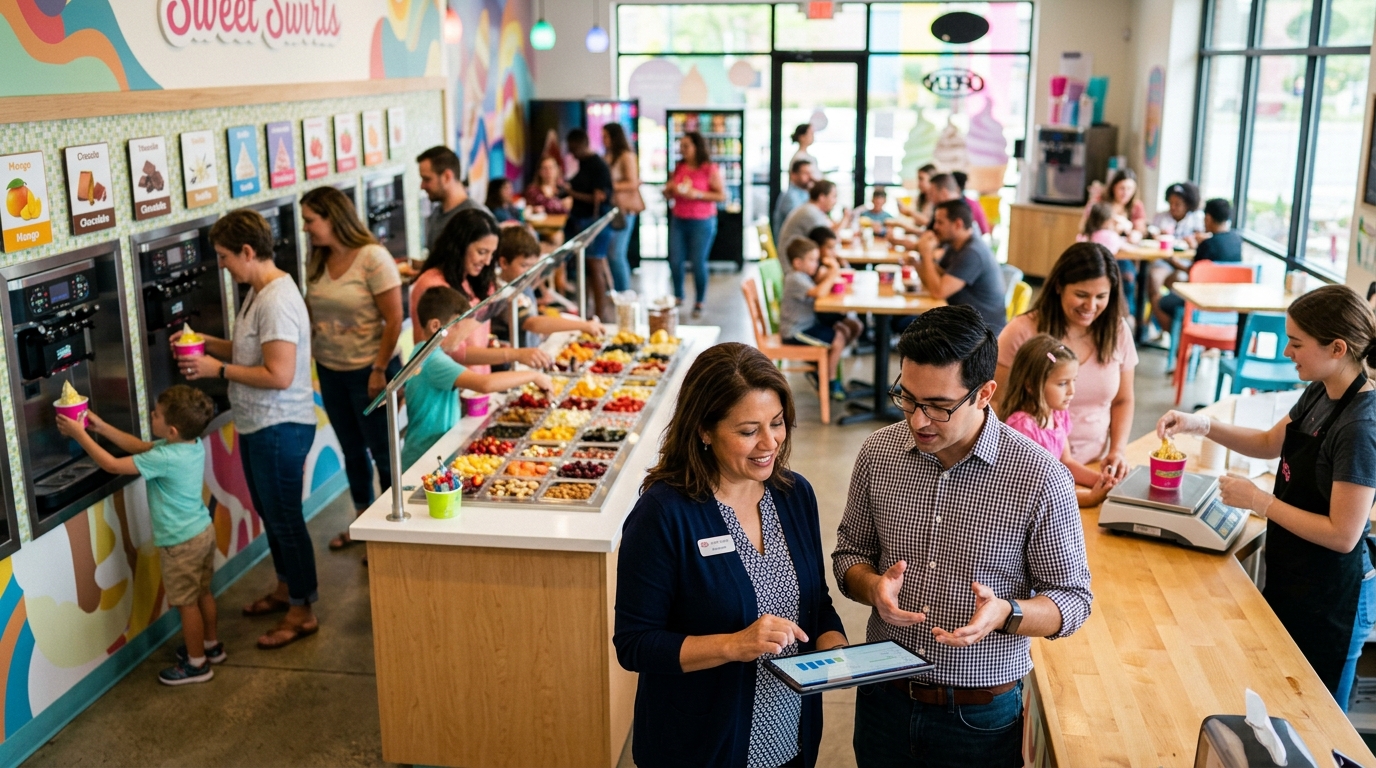 Froyo shop owner and a marketing consultant review a tablet beside a busy self-serve yogurt bar