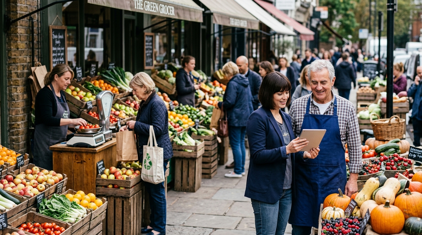 Greengrocer owner and a marketing consultant review a tablet beside crates of fresh fruit and vegetables