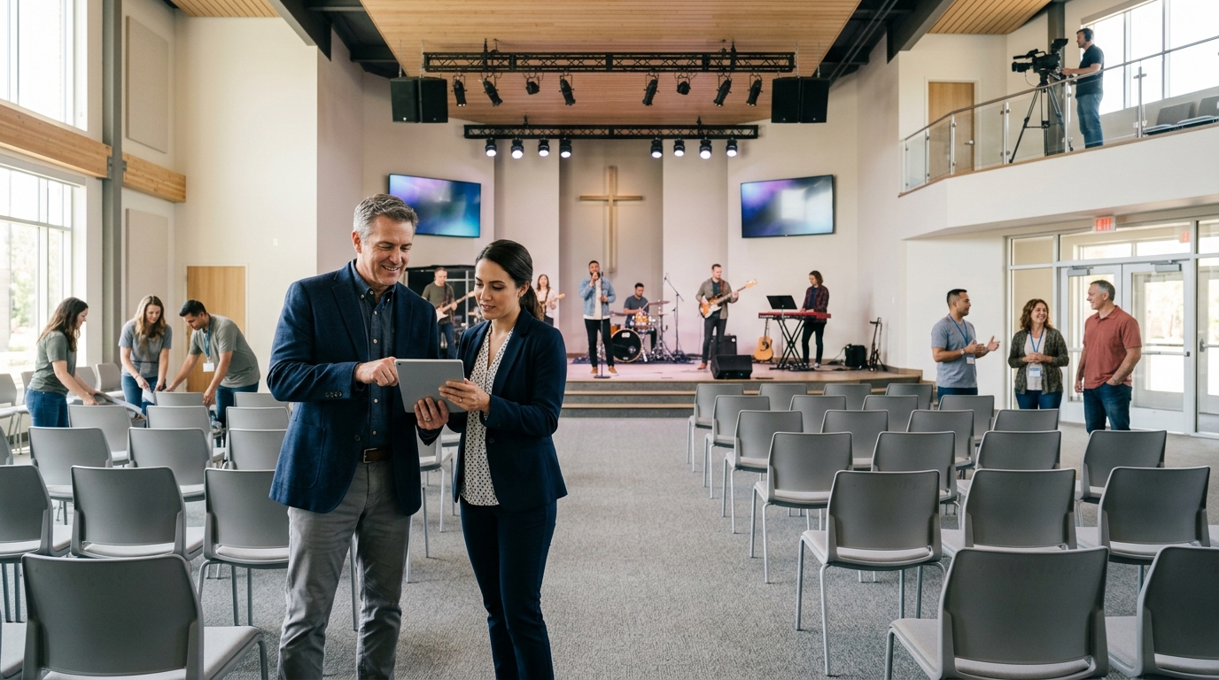 Pastor and a marketing consultant review a tablet as the worship team rehearses in a bright church sanctuary