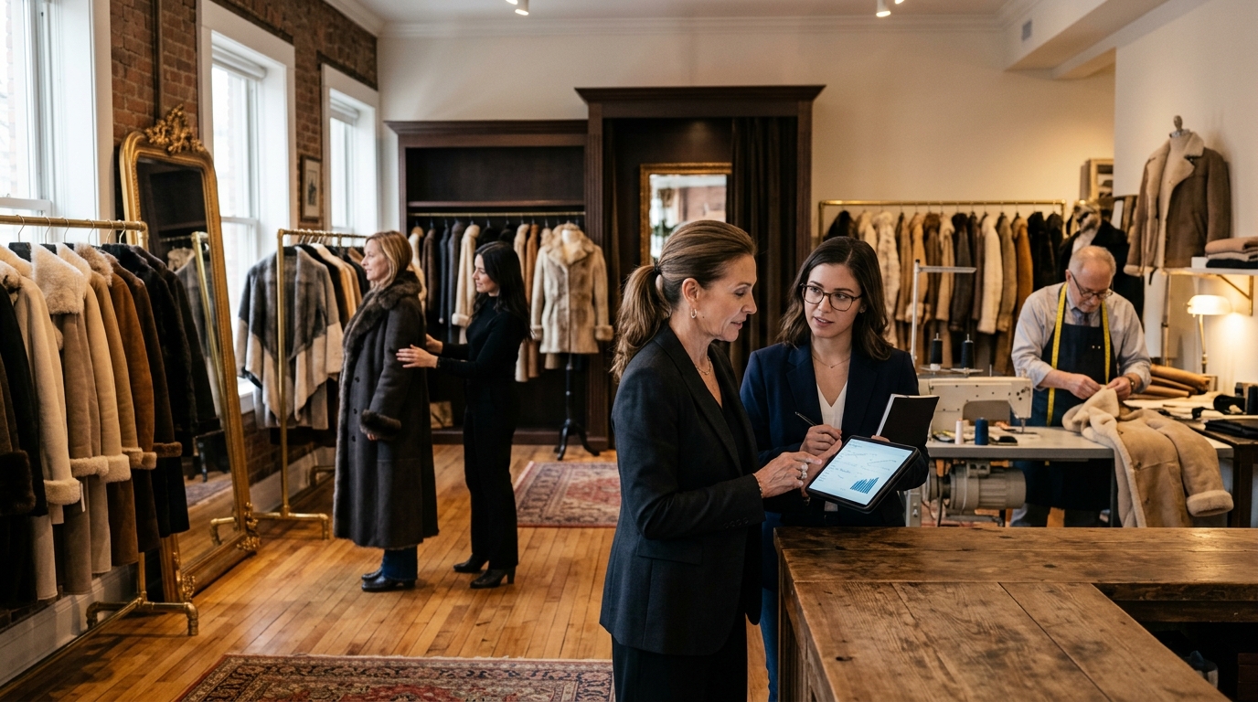 Furrier and a marketing consultant review a tablet in an elegant fur and outerwear showroom