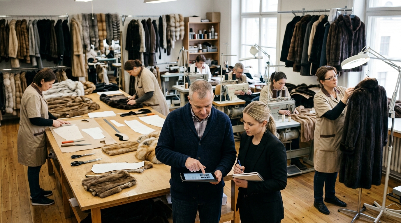 Fur manufacturer and a marketing consultant review a tablet in a workshop where craftspeople cut and sew pelts