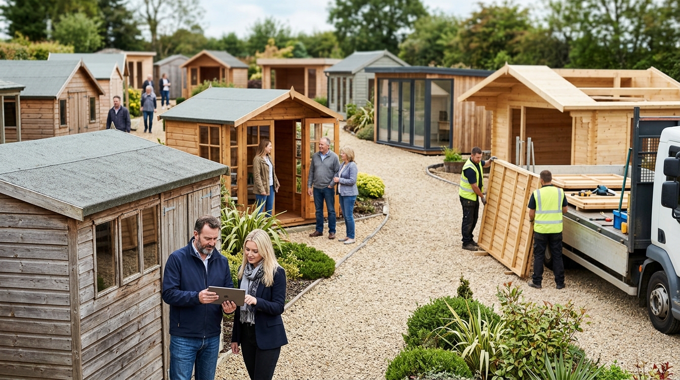 Garden building supplier and a marketing consultant review a tablet at a display site of sheds and cabins