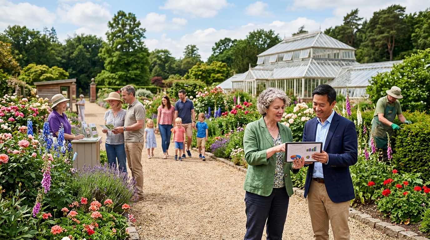 Public garden director and a marketing consultant review a tablet beside flowering borders as visitors stroll