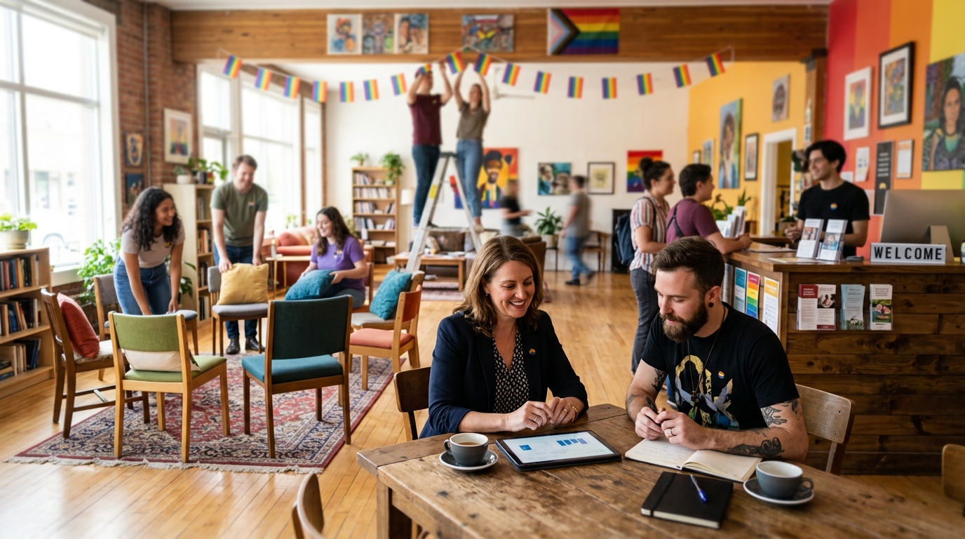 LGBTQ+ center director and a marketing consultant review a tablet as volunteers prepare a community event