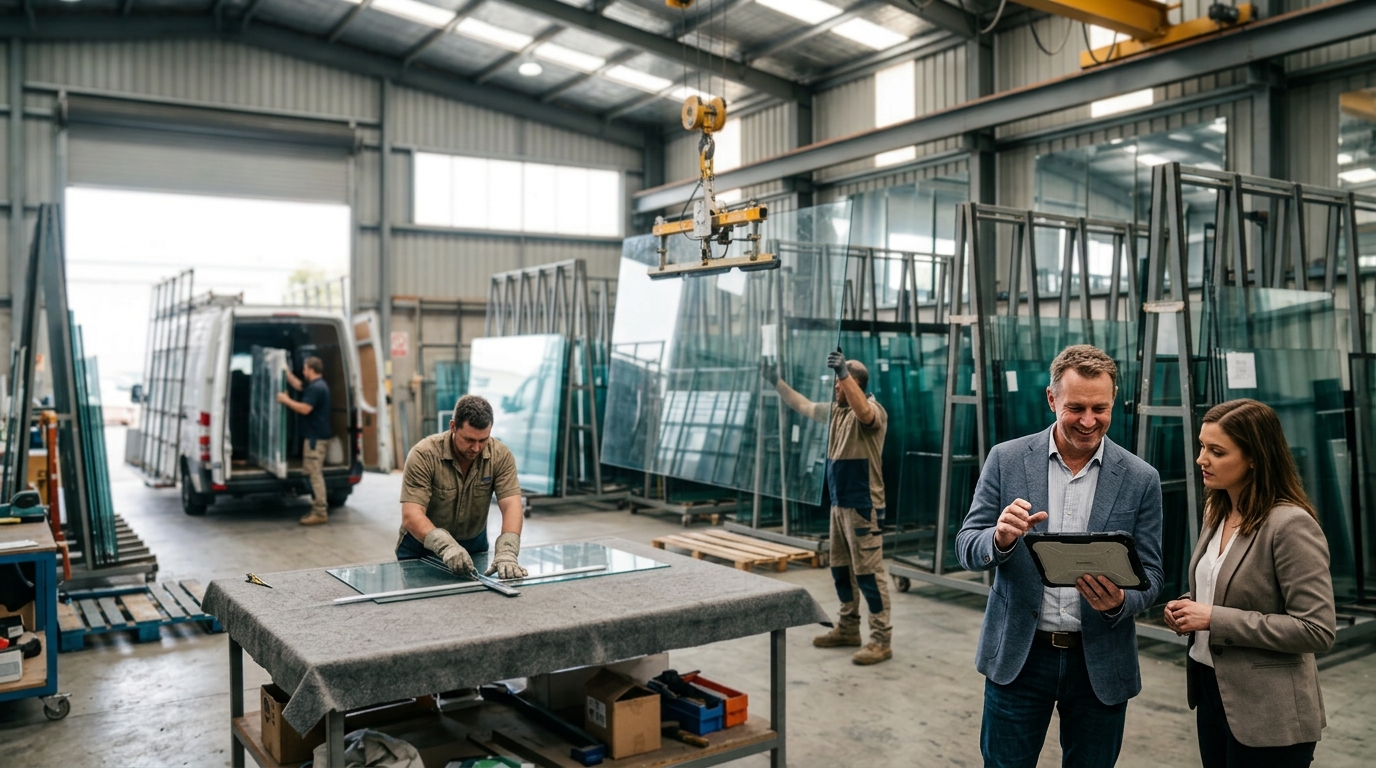 Glass merchant owner and a marketing consultant review a tablet beside tall racks of glass sheets