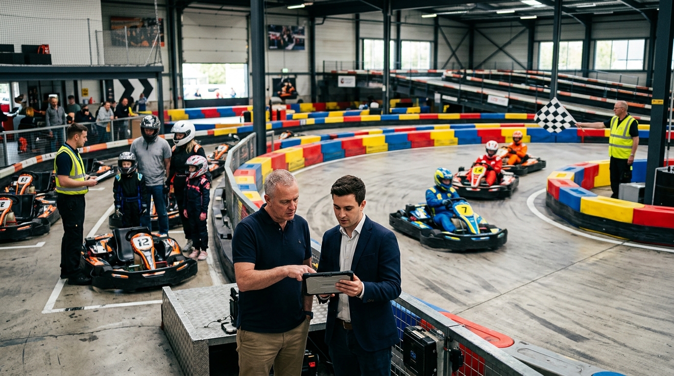 Go-kart track owner and a marketing consultant review a tablet at the pit wall as karts race past