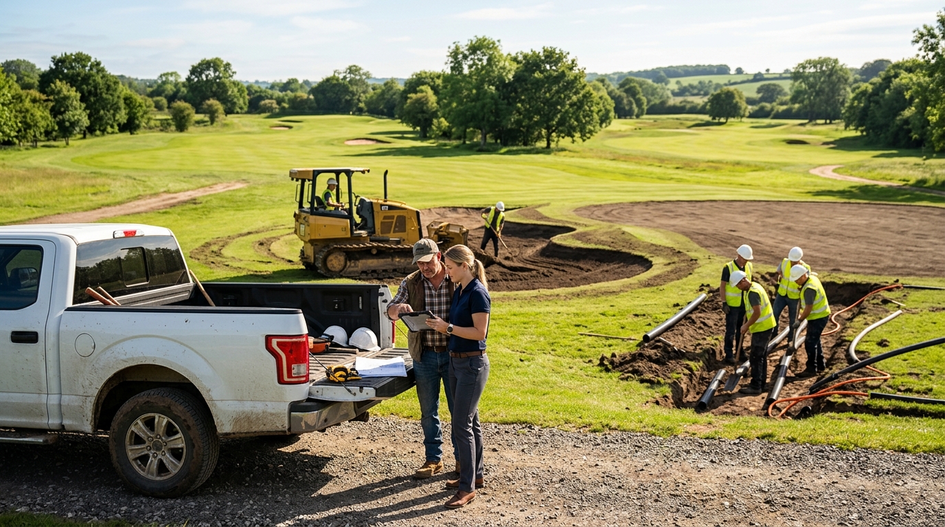 Golf course builder and a marketing consultant review a tablet as crews reshape bunkers and greens