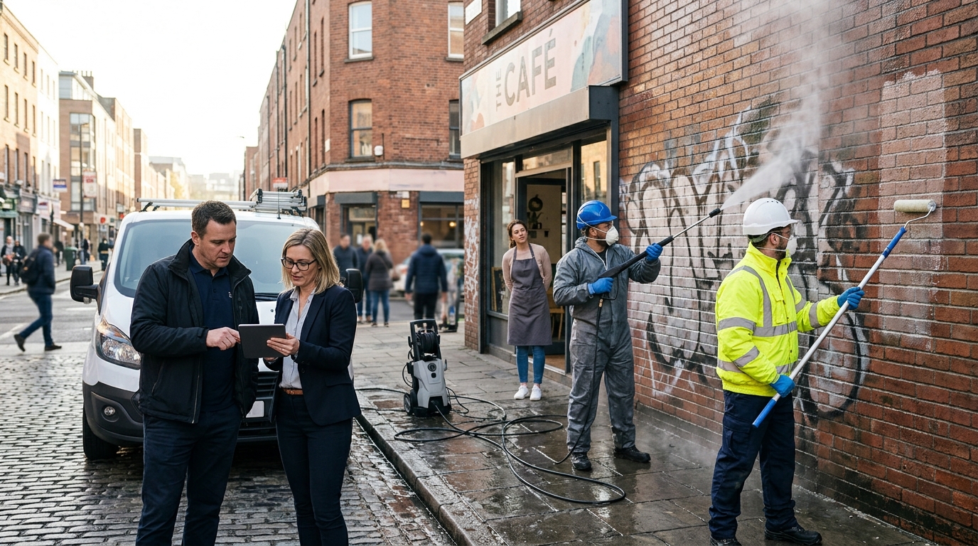 Graffiti removal company owner and a marketing consultant review a tablet as crews clean a tagged wall