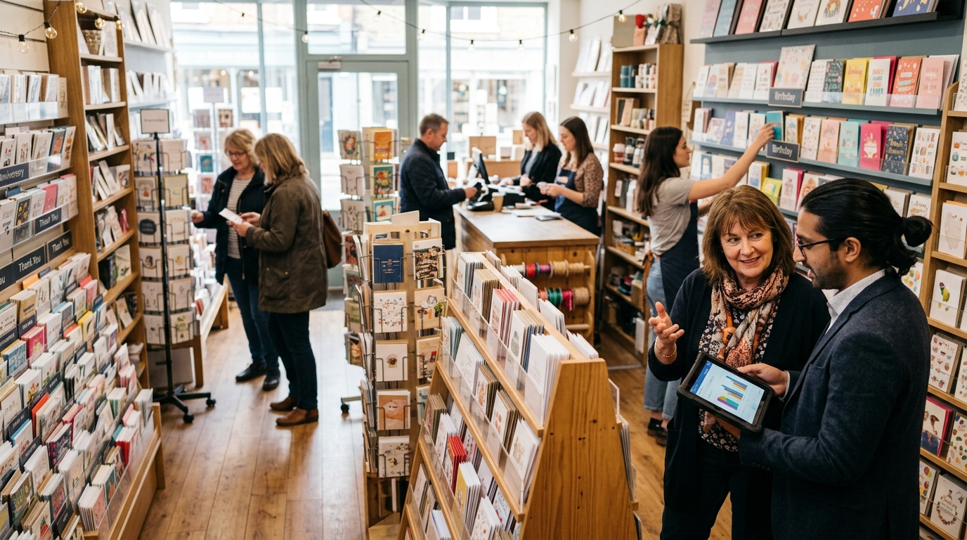 Greeting card shop owner and a marketing consultant review a tablet beside racks of colourful cards