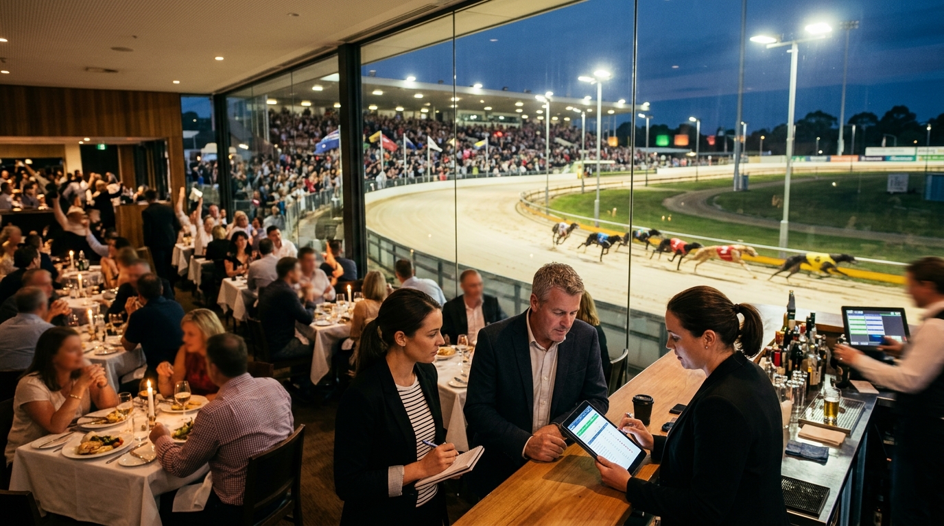 Greyhound stadium manager and a marketing consultant review a tablet in a trackside restaurant on race night