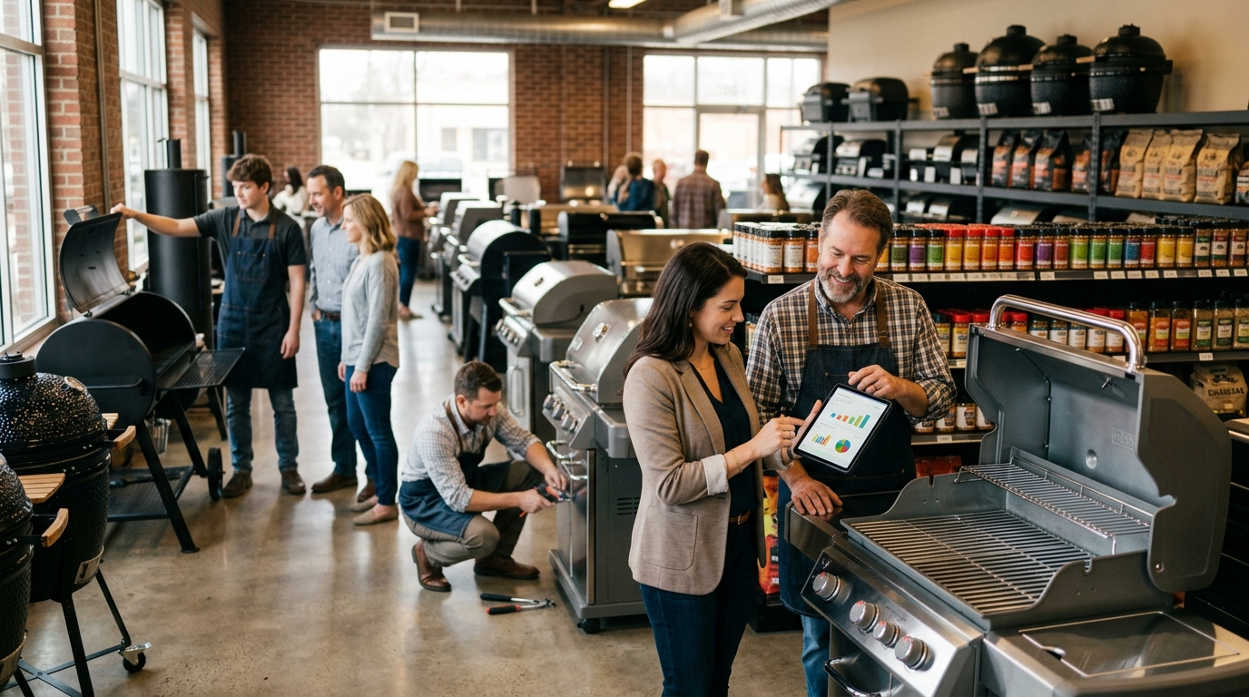 Grill store owner and a marketing consultant review a tablet in a showroom of gas grills and smokers