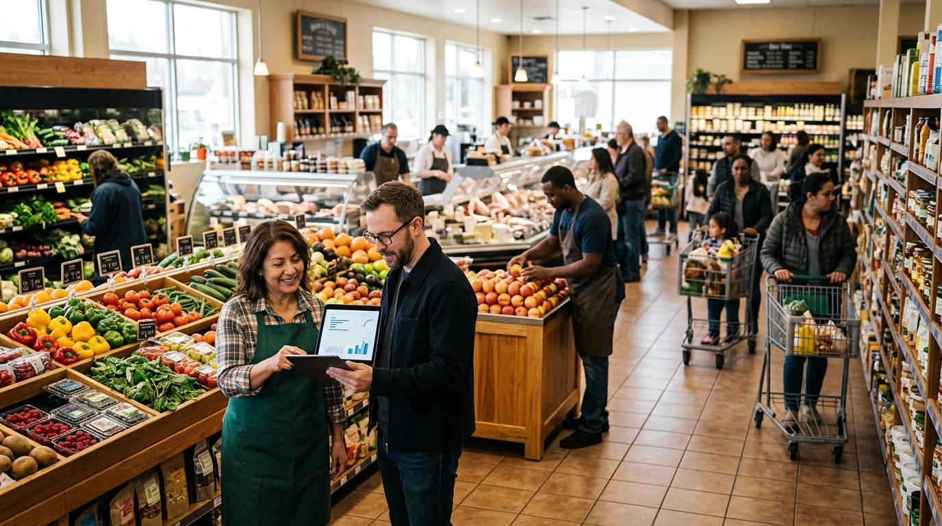 Grocery store owner and a marketing consultant review a tablet in a busy supermarket produce aisle