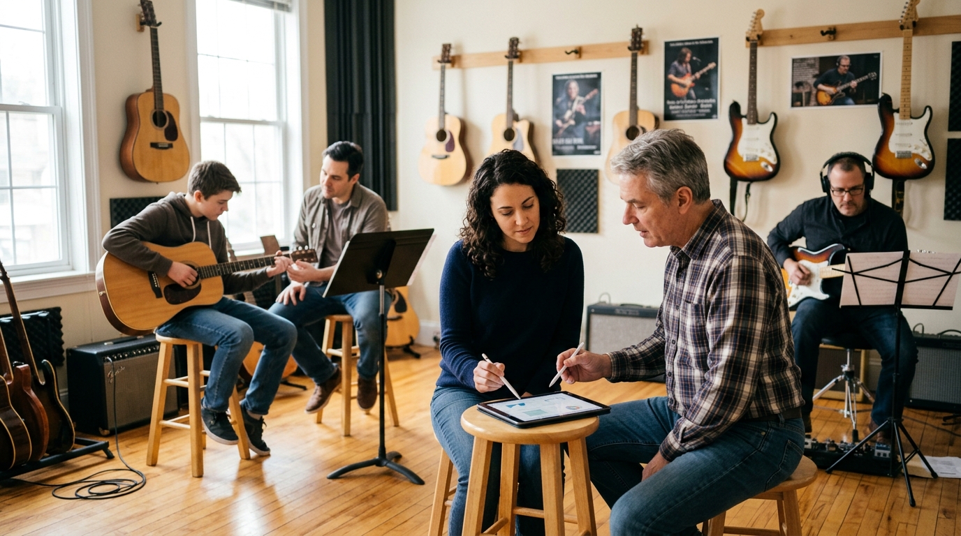 Guitar instructor and a marketing consultant review a tablet in a lesson studio with students practicing