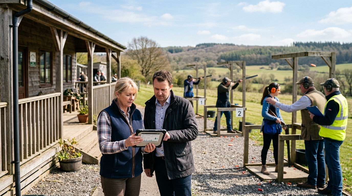 Gun club manager and a marketing consultant review a tablet at an outdoor clay shooting ground