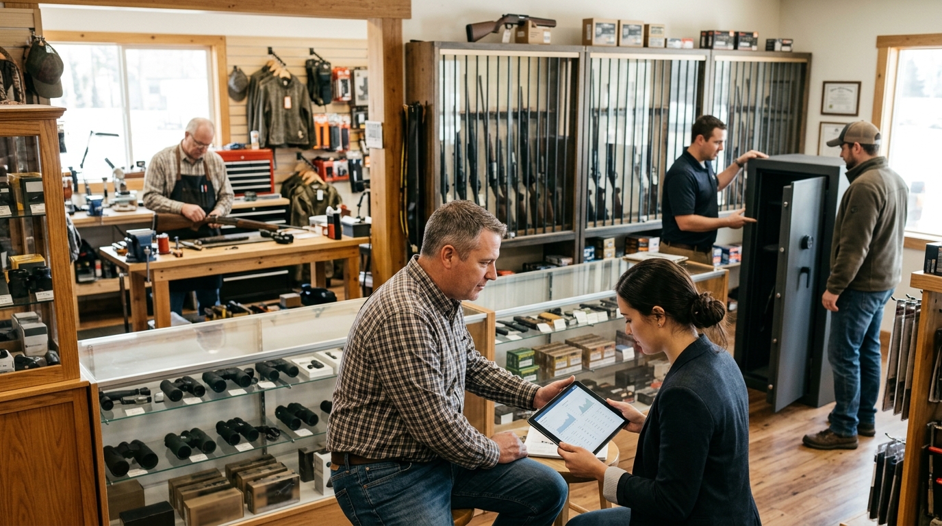 Gun shop owner and a marketing consultant review a tablet in a licensed firearms store