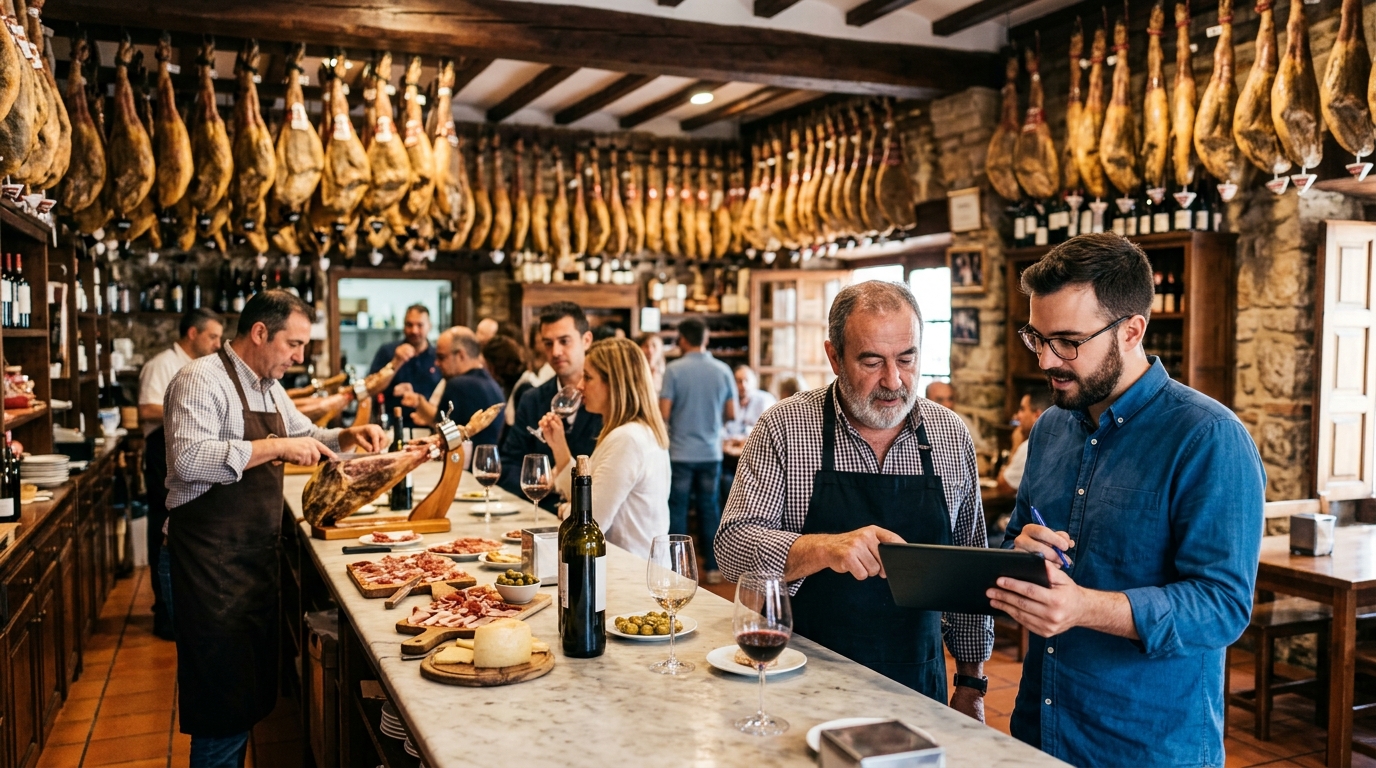 Ham shop owner and a marketing consultant review a tablet beside a counter of cured hams