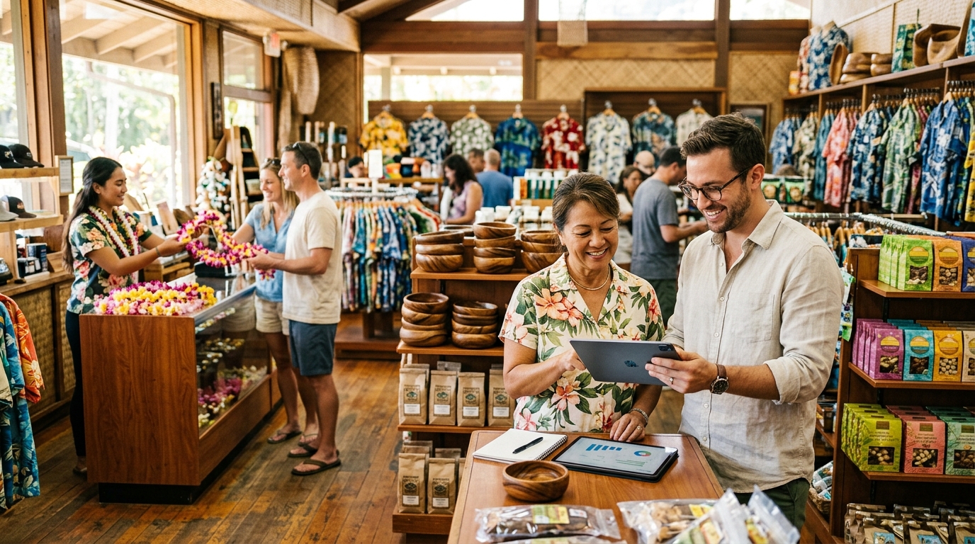 Hawaiian goods store owner and a marketing consultant review a tablet among racks of aloha shirts and koa gifts