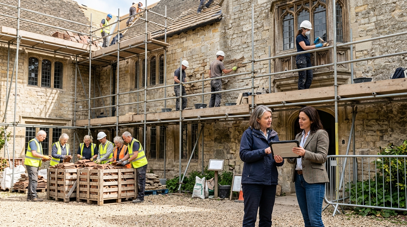 Heritage trust director and a marketing consultant review a tablet as craftspeople restore a historic building