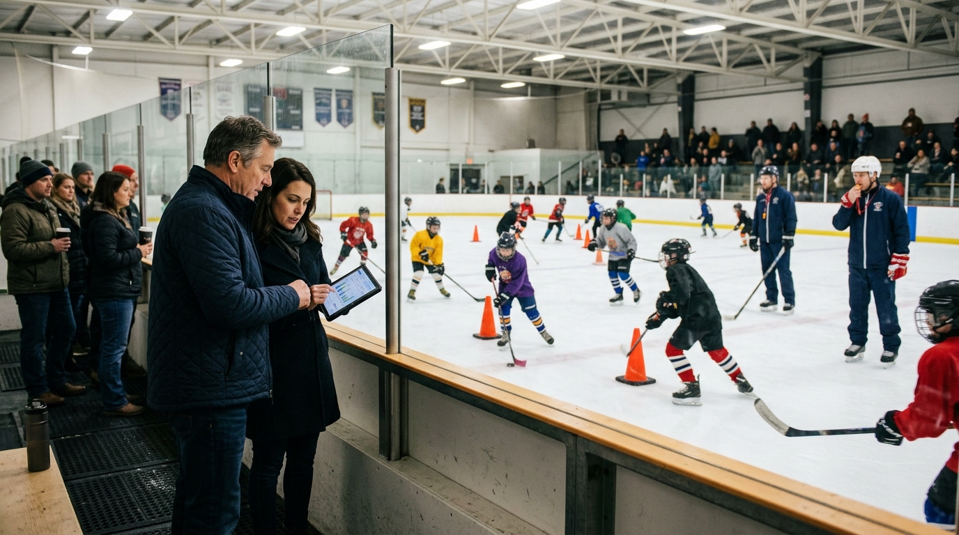 Hockey club director and a marketing consultant review a tablet rinkside during youth practice