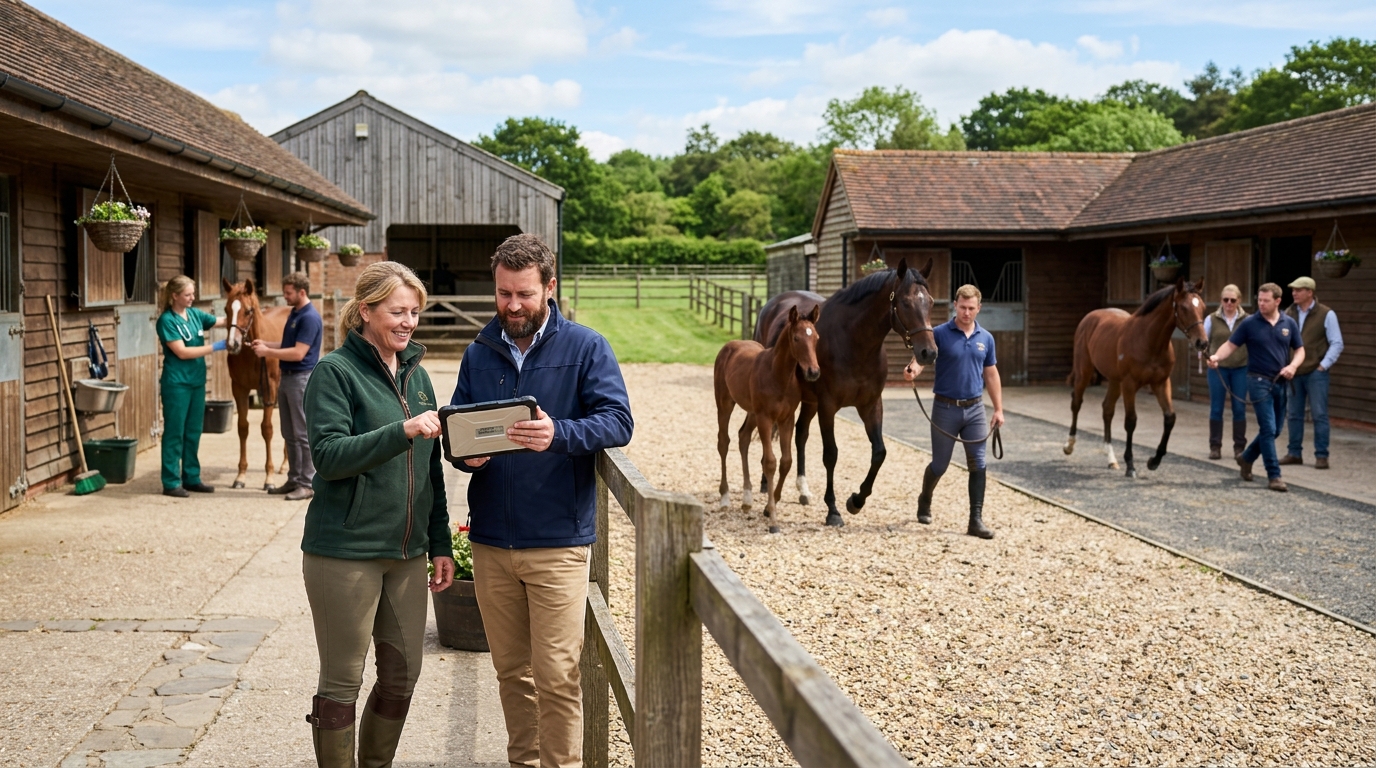 Horse breeder and a marketing consultant review a tablet in a stud farm yard with mares and foals