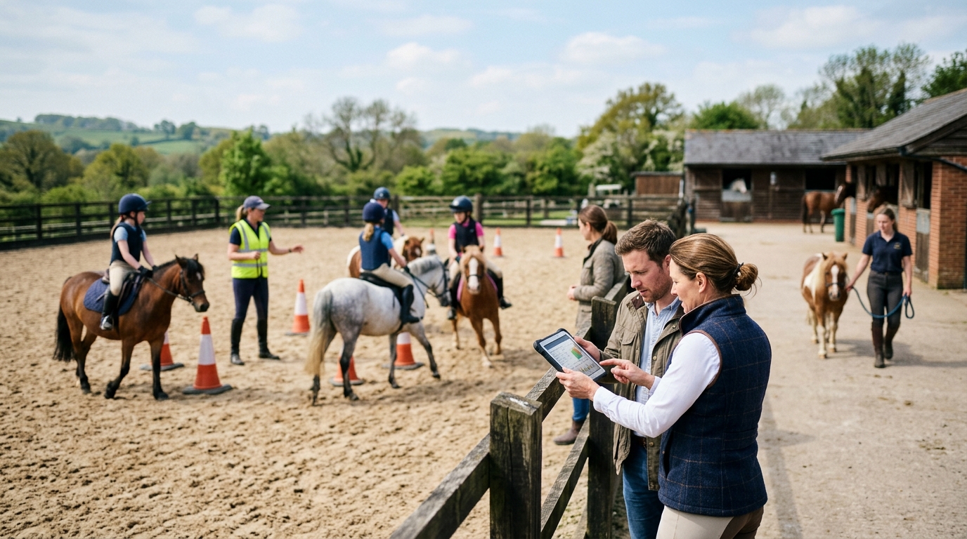 Riding school owner and a marketing consultant review a tablet beside an arena during a lesson