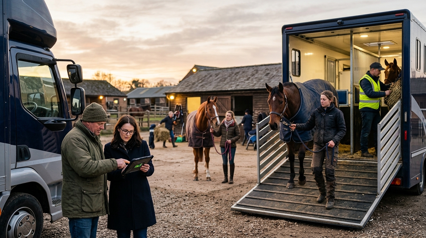 Horse transport owner and a marketing consultant review a tablet beside a horsebox as a horse is loaded