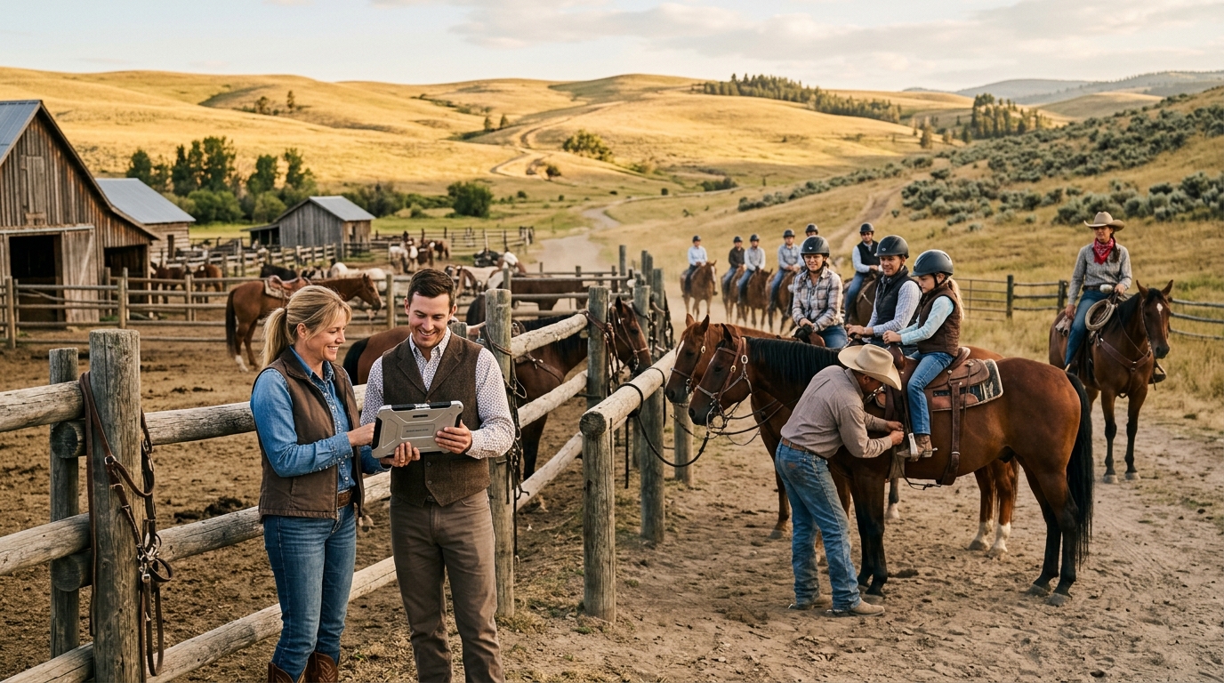 Trail ride owner and a marketing consultant review a tablet as a guide leads riders out on horseback
