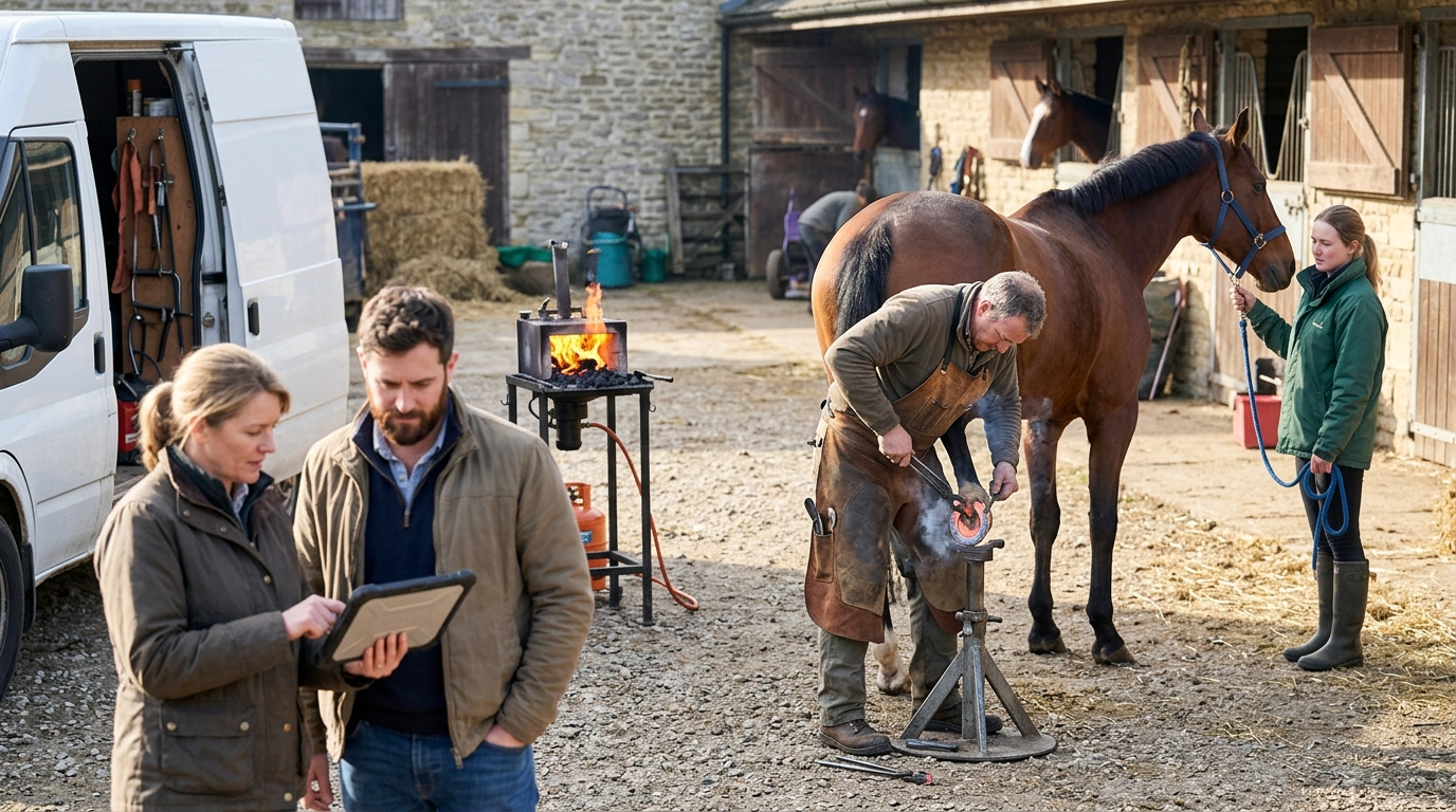 Farrier and a marketing consultant review a tablet in a stable yard beside a mobile forge