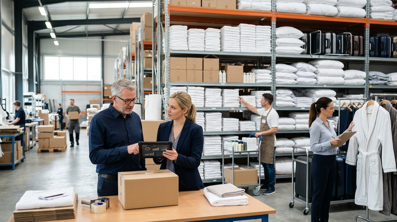 Hotel supply store owner and a marketing consultant review a tablet among shelves of towels and amenities