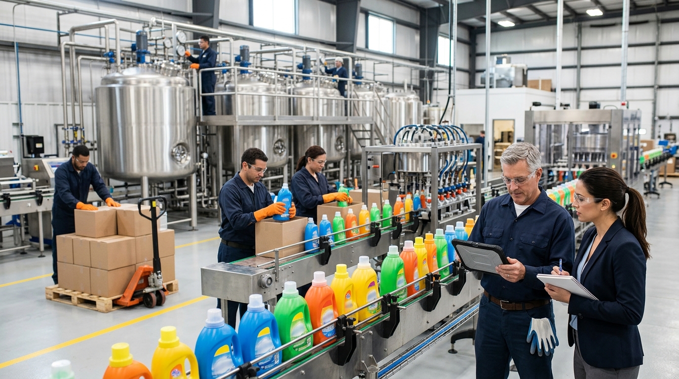 Household chemicals supplier and a marketing consultant review a tablet beside a bottling line of cleaners