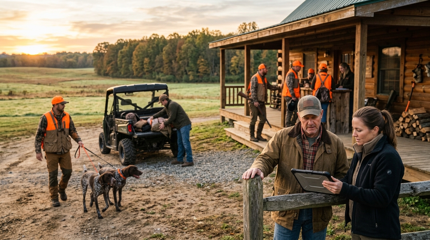 Hunting preserve owner and a marketing consultant review a tablet outside a lodge as hunters prepare