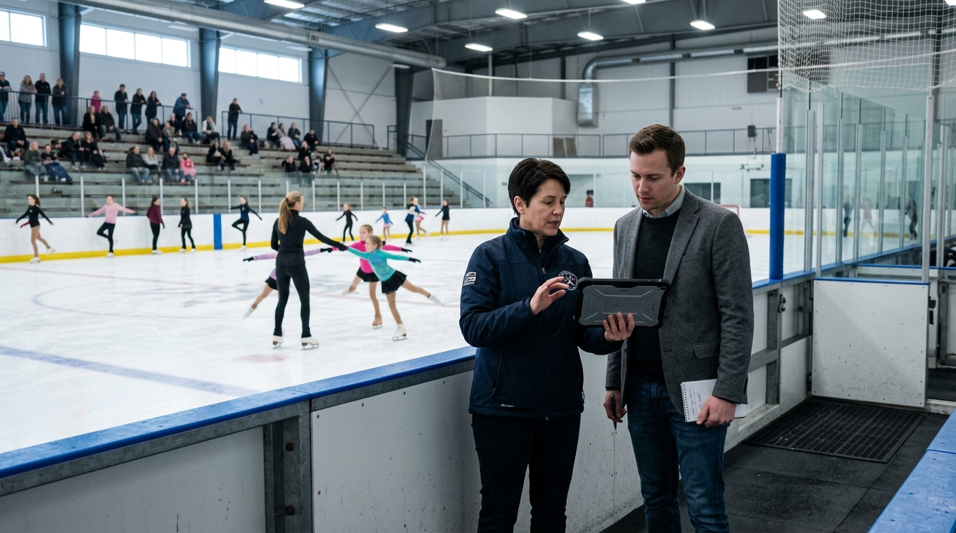 Skating club director and a marketing consultant review a tablet rinkside as a coach teaches young skaters