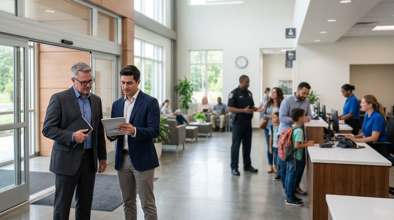 Facility administrator and a communications consultant review a tablet in a visitor reception area