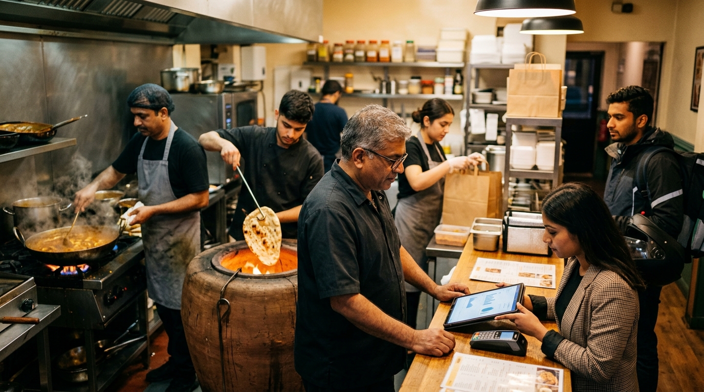 Indian takeaway owner and a marketing consultant review a tablet as chefs prepare curries