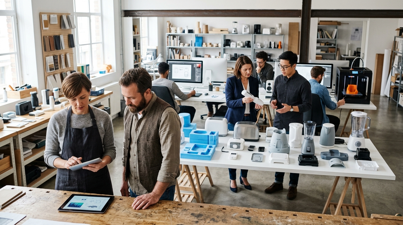Industrial design studio owner and a marketing consultant review a tablet beside product prototypes