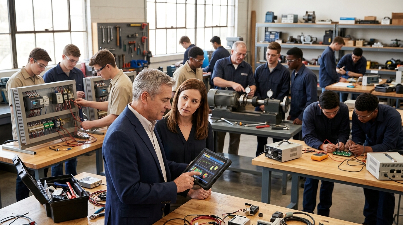 Technical association director and a marketing consultant review a tablet in a busy technician training workshop