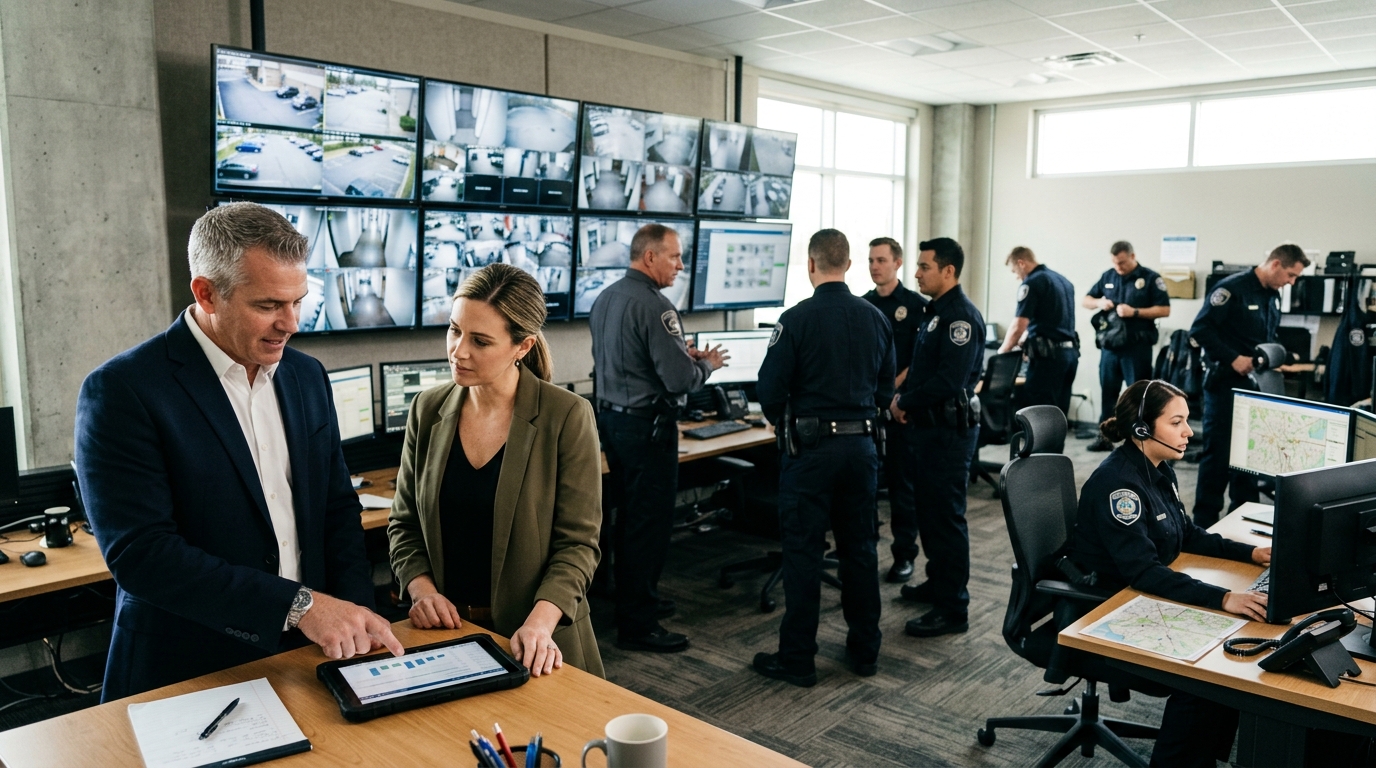 Security company owner and a marketing consultant review a tablet in a control room with guards on shift
