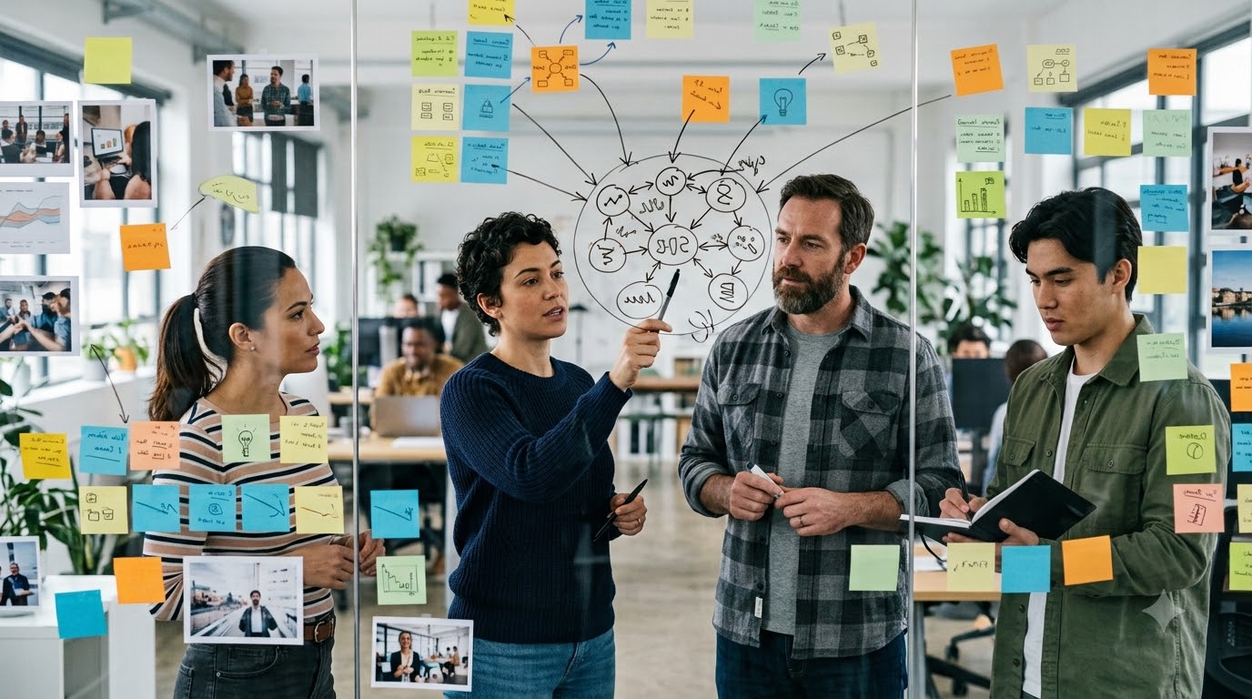 Strategists mapping a search strategy on a glass wall of connected notes and photos