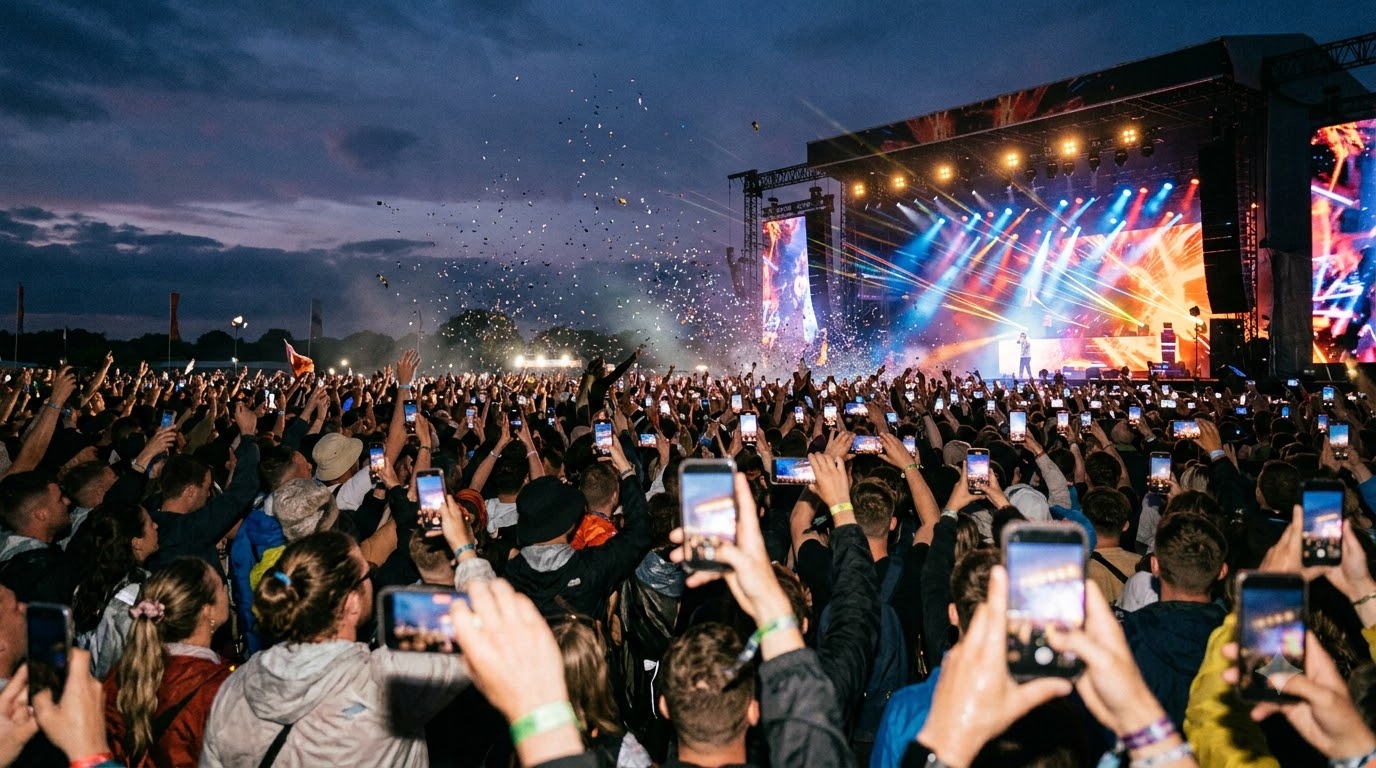 Festival crowd at dusk holding up phones towards a brightly lit stage