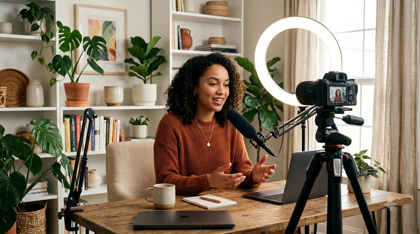 Content creator filming a video with a ring light and camera in a bright home studio