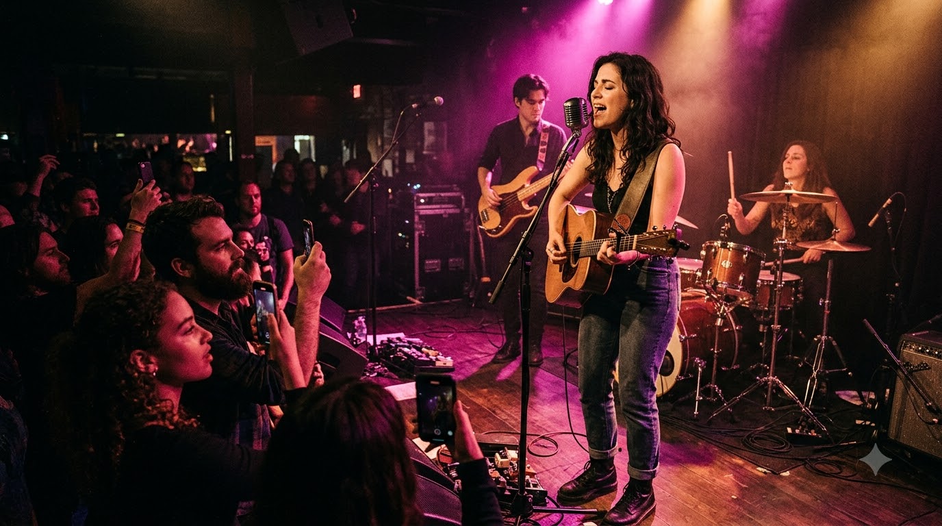 Singer performing with a band on a club stage while fans film on their phones