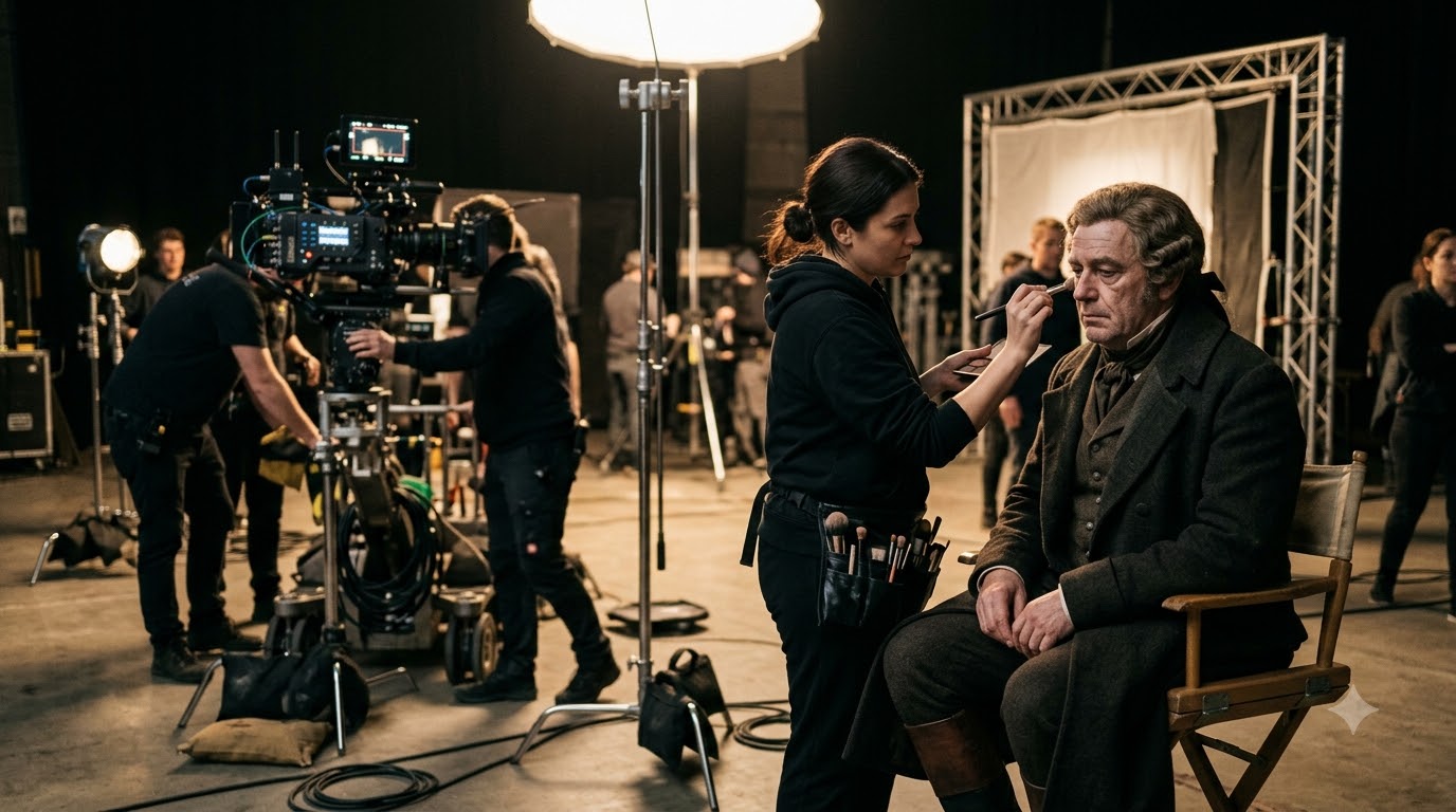 Actor in costume having make-up touched up between takes on a film set